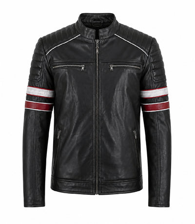 Men's Black and Red Quilted Biker Jacket - Jacket Aura