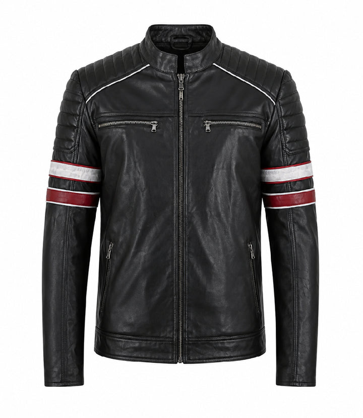 Men's Black and Red Quilted Biker Jacket - Jacket Aura
