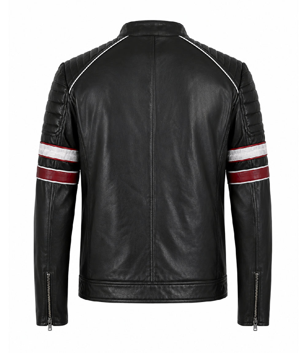 Men's Black and Red Quilted Biker Jacket Back - Jacket Aura