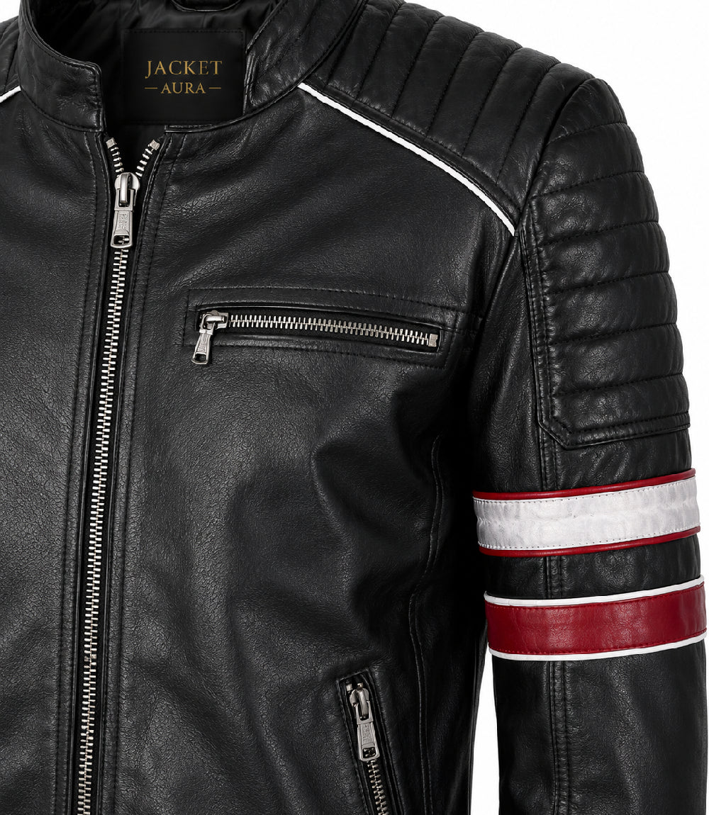 Men's Black and Red Quilted Biker Jacket Closeup - Jacket Aura