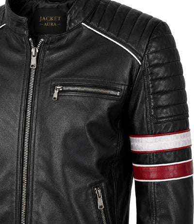 Men's Black and Red Quilted Biker Jacket Closeup - Jacket Aura