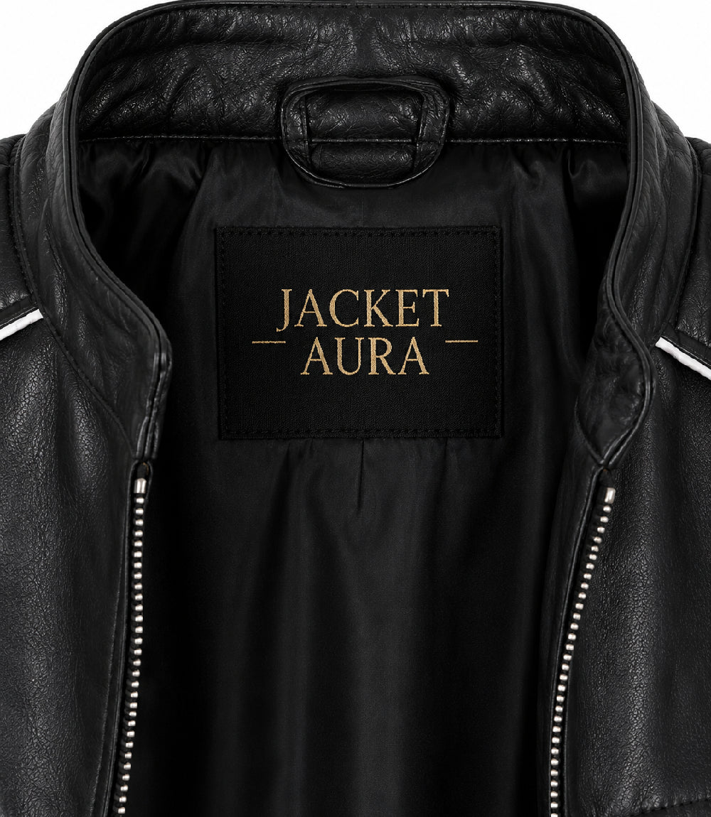 Men's Black and Red Quilted Biker Jacket Collar - Jacket Aura