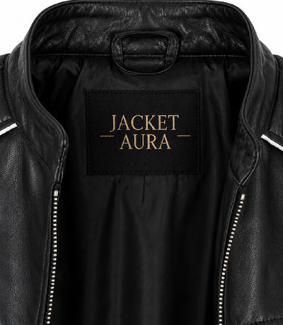 Men's Black and Red Quilted Biker Jacket Collar - Jacket Aura
