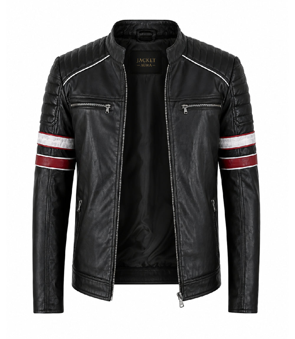 Men's Black and Red Quilted Biker Jacket Front - Jacket Aura