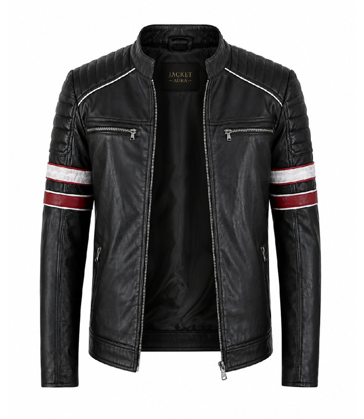 Men's Black and Red Quilted Biker Jacket Front - Jacket Aura