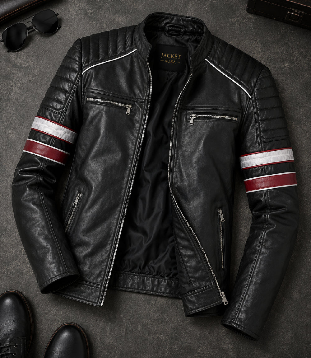 Men's Black and Red Quilted Biker Jacket Front View - Jacket Aura