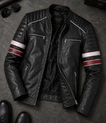 Men's Black and Red Quilted Biker Jacket Front View - Jacket Aura