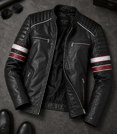 Men's Black and Red Quilted Biker Jacket Front View - Jacket Aura
