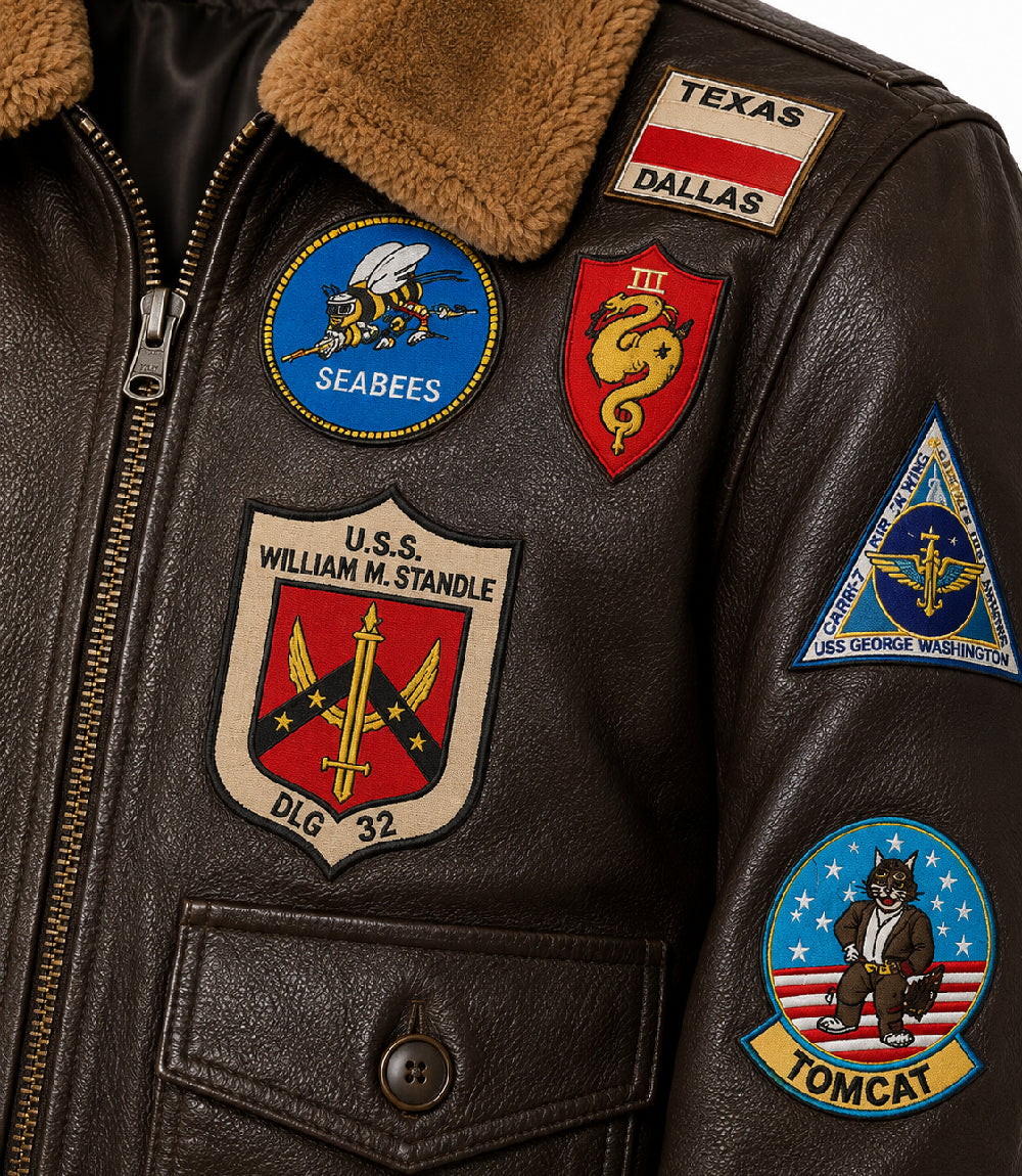 Men's Brown Flight Aviator Leather Jacket Closeup - Jacket Aura