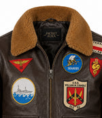 Men's Brown Flight Aviator Leather Jacket Collar - Jacket Aura