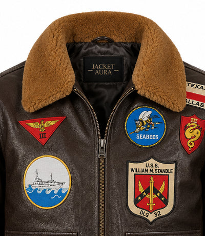 Men's Brown Flight Aviator Leather Jacket Collar - Jacket Aura