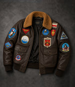 Men's Brown Flight Aviator Leather Jacket Front View - Jacket Aura