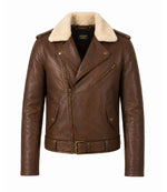 Men's Brown Shearling Collar Leather Biker Jacket - Jacket Aura