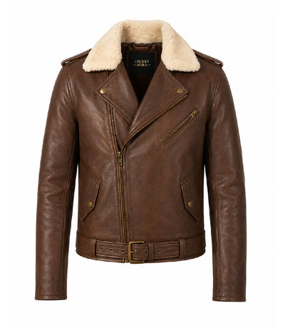 Men's Brown Shearling Collar Leather Biker Jacket - Jacket Aura