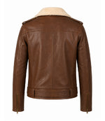 Men's Brown Shearling Collar Leather Biker Jacket Back - Jacket Aura
