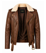 Men's Brown Shearling Collar Leather Biker Jacket Front  - Jacket Aura