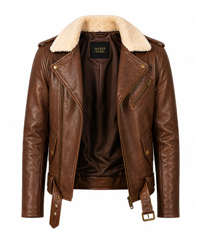 Men's Brown Shearling Collar Leather Biker Jacket Front  - Jacket Aura
