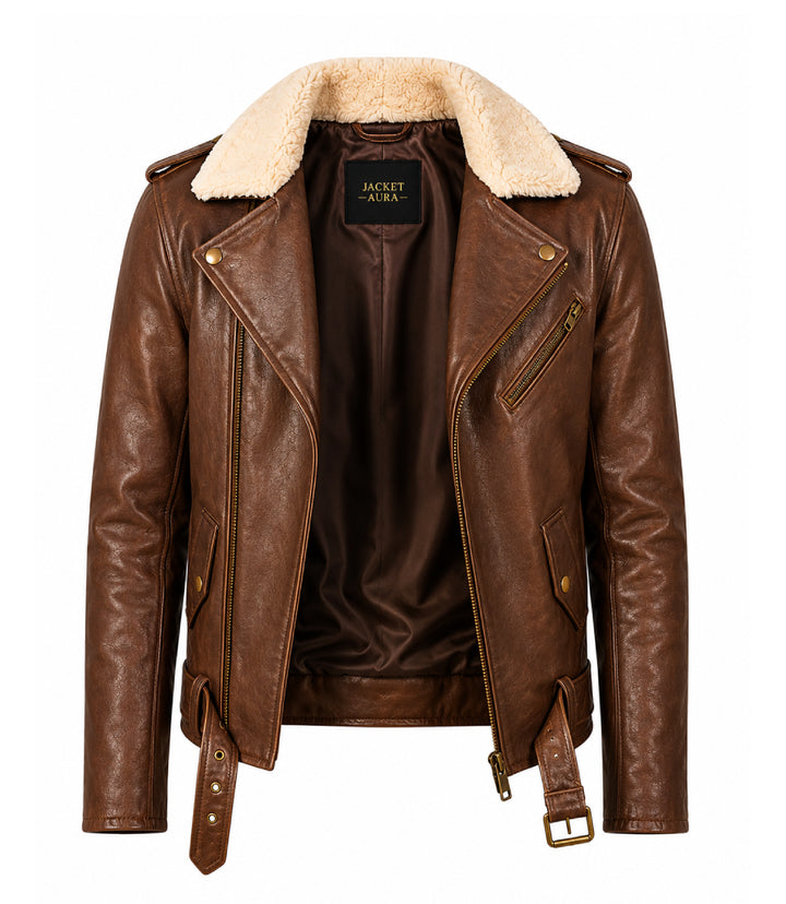 Men's Brown Shearling Collar Leather Biker Jacket Front  - Jacket Aura