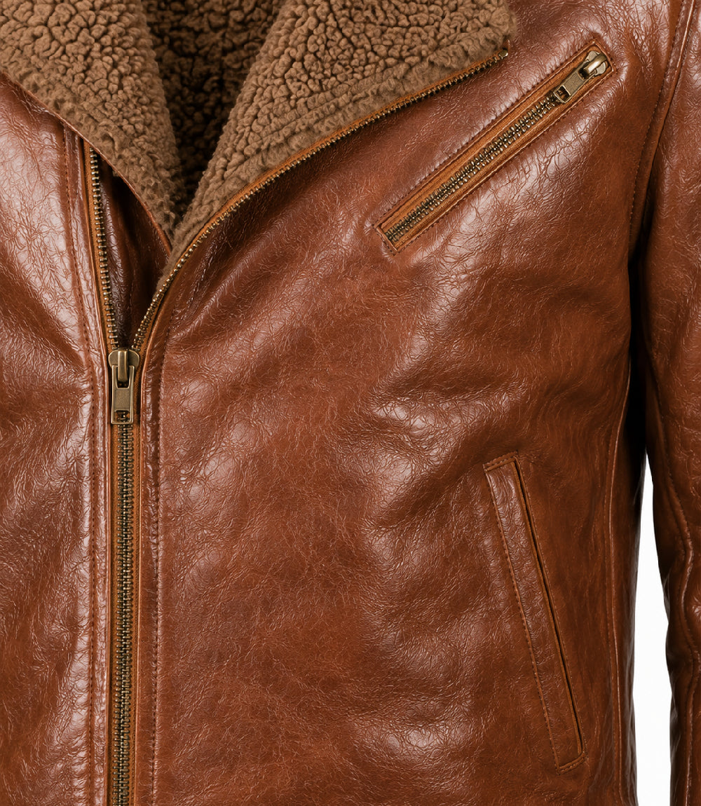 Mens Brown Shearling Leather Jacket Closeup - Jacket Aura