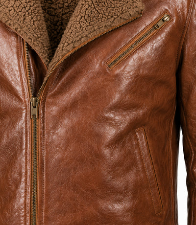 Mens Brown Shearling Leather Jacket Closeup - Jacket Aura