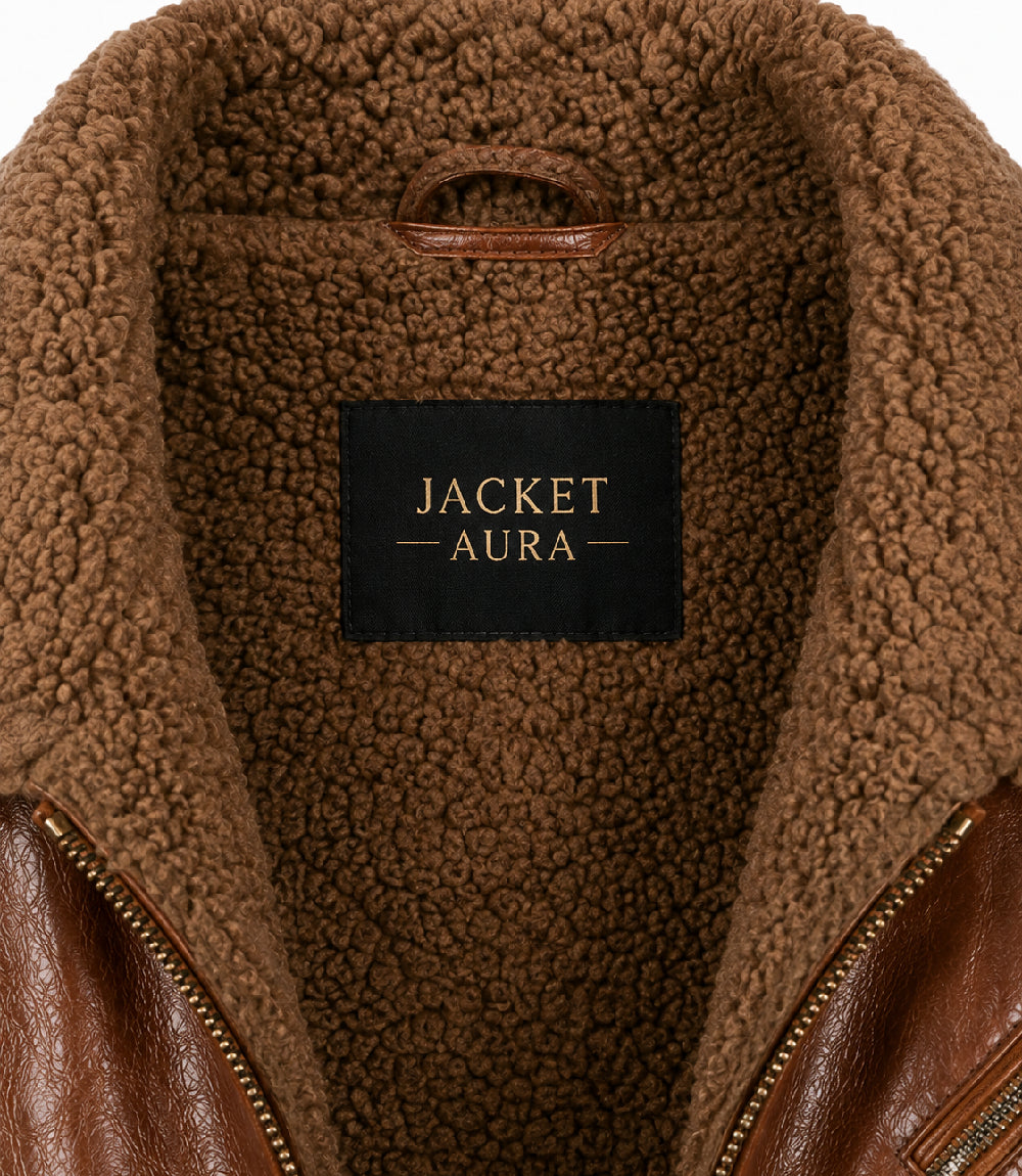 Mens Brown Shearling Leather Jacket Collar - Jacket Aura