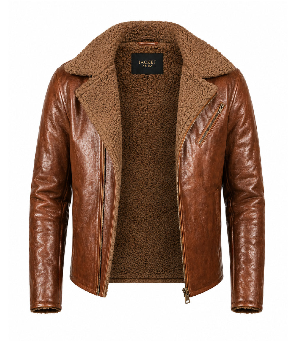 Men's Brown Shearling Leather Jacket Front - Jacket Aura