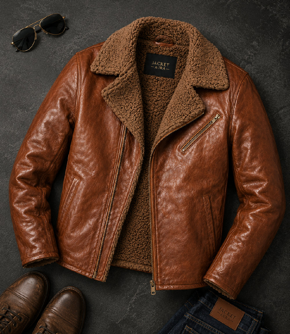 Men's Brown Shearling Leather Jacket Front View - Jacket Aura