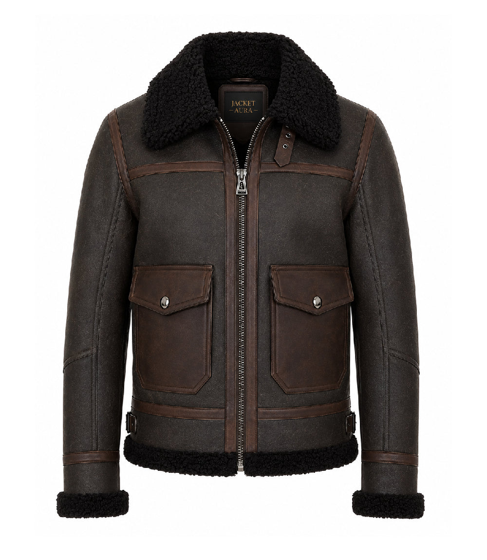 Men's Brown Sheepskin Aviator Jacket - Jacket Aura