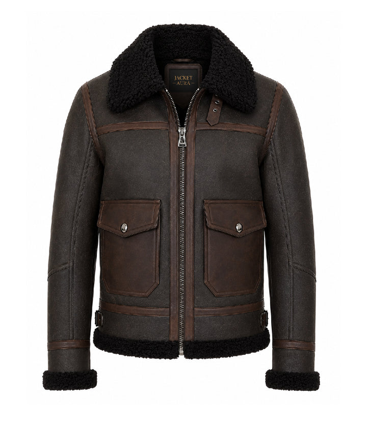 Men's Brown Sheepskin Aviator Jacket - Jacket Aura