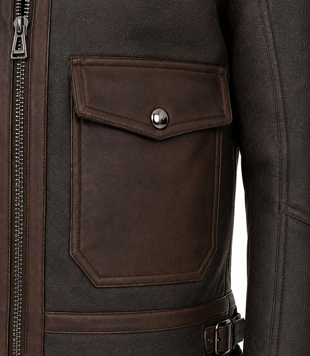 Men's Brown Sheepskin Aviator Jacket Closeup - Jacket Aura