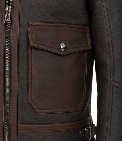 Men's Brown Sheepskin Aviator Jacket Closeup - Jacket Aura