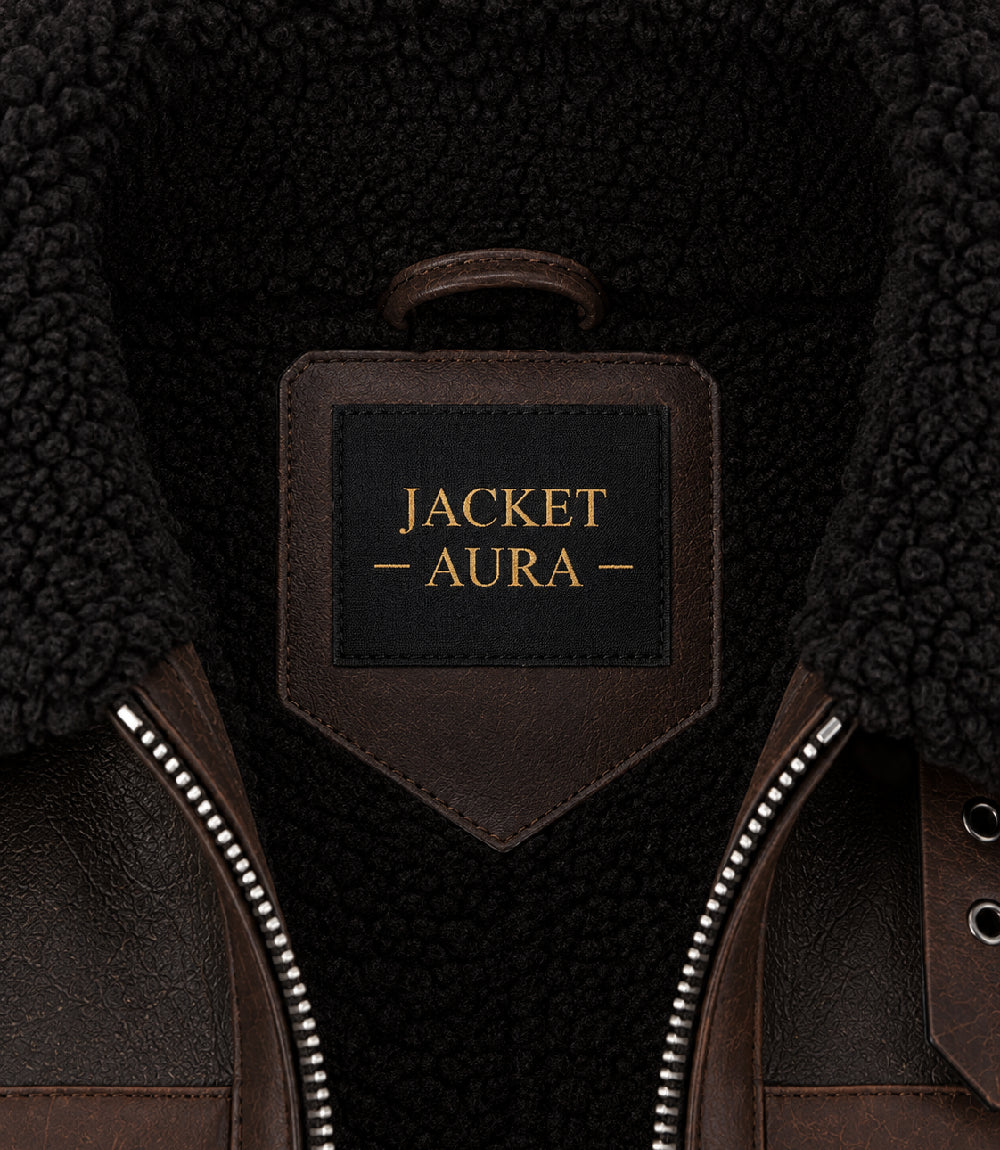 Men's Brown Sheepskin Aviator Jacket Collar - Jacket Aura