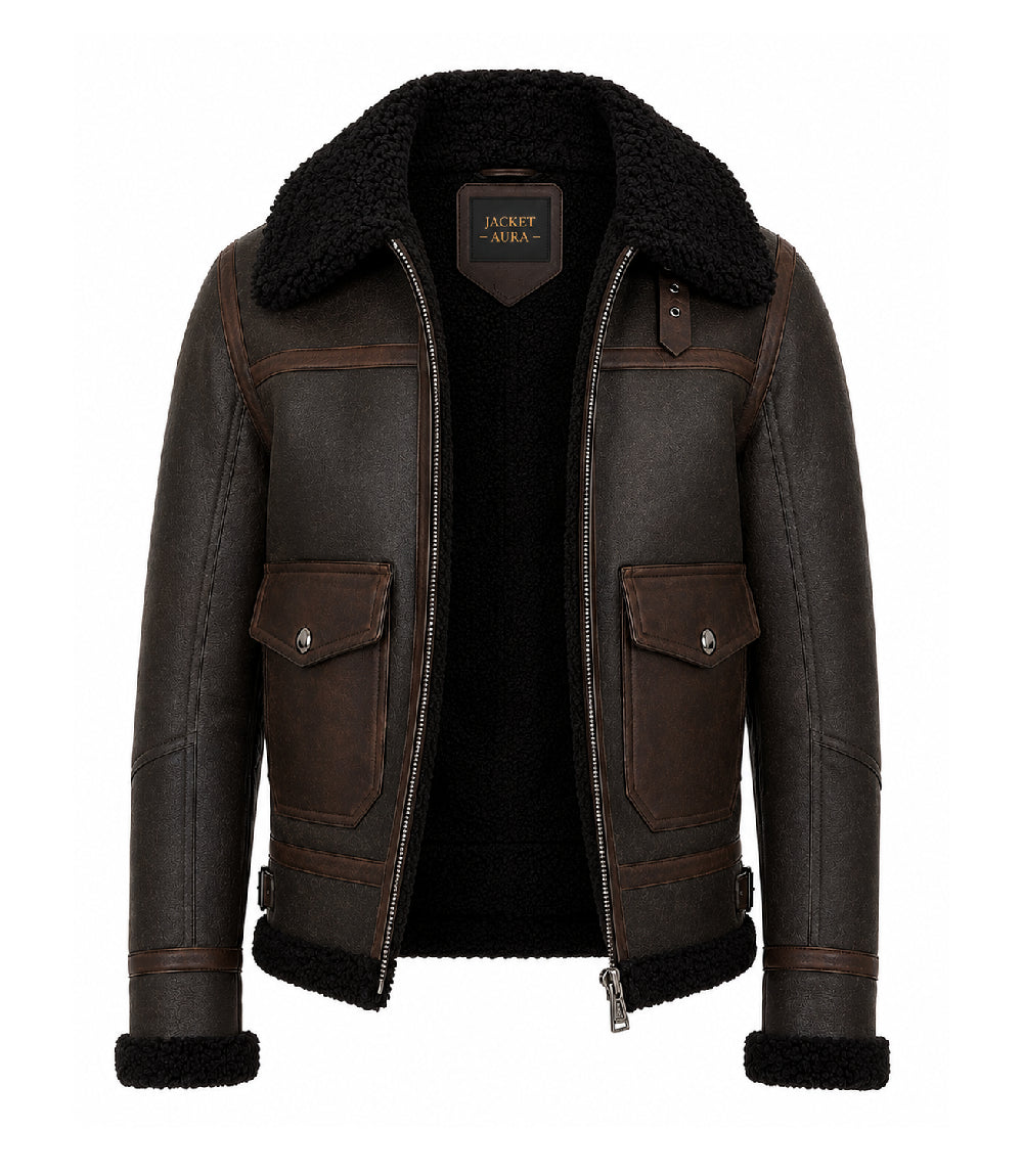 Men's Brown Sheepskin Aviator Jacket Front - Jacket Aura