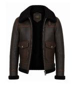 Men's Brown Sheepskin Aviator Jacket Front - Jacket Aura
