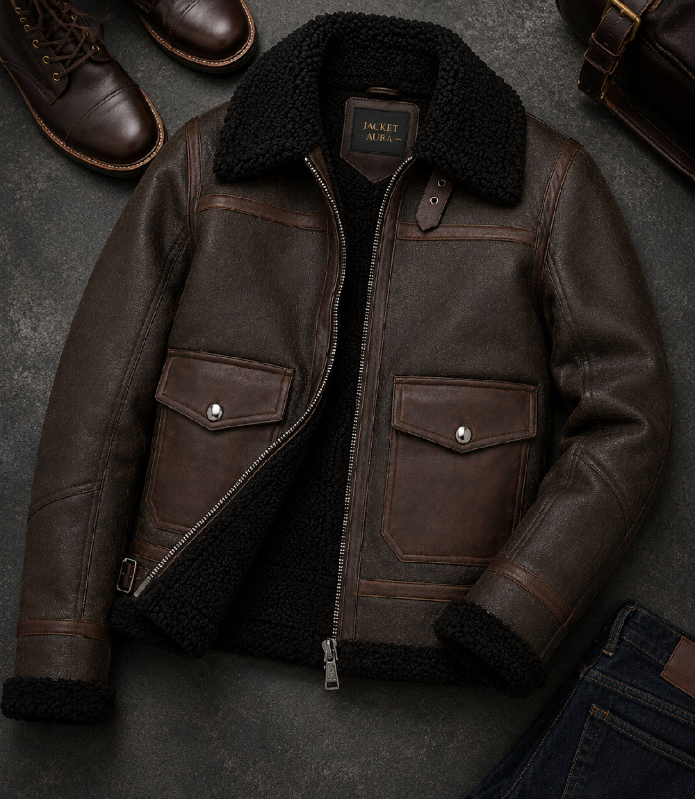 Men's Brown Sheepskin Aviator Jacket Front View - Jacket Aura