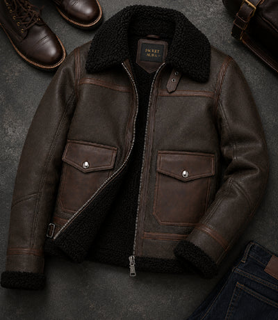 Men's Brown Sheepskin Aviator Jacket Front View - Jacket Aura