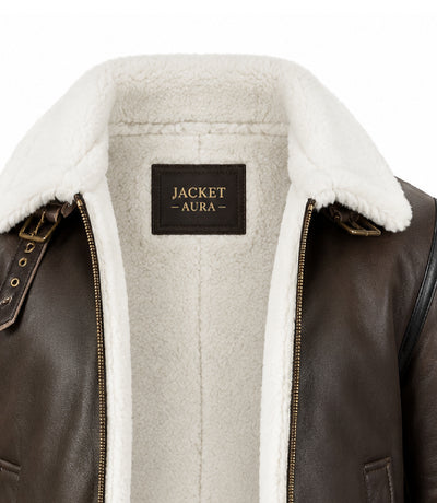 Men's Dark Brown B3 Aviator Leather Jacket Collar - Jacket Aura