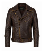 Men's Dark Brown Belted Leather Biker Jacket - Jacket Aura