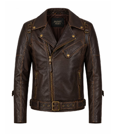 Men's Dark Brown Belted Leather Biker Jacket - Jacket Aura