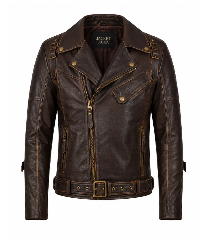 Men's Dark Brown Belted Leather Biker Jacket - Jacket Aura