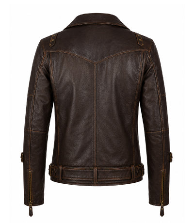 Men's Dark Brown Belted Leather Biker Jacket Back - Jacket Aura