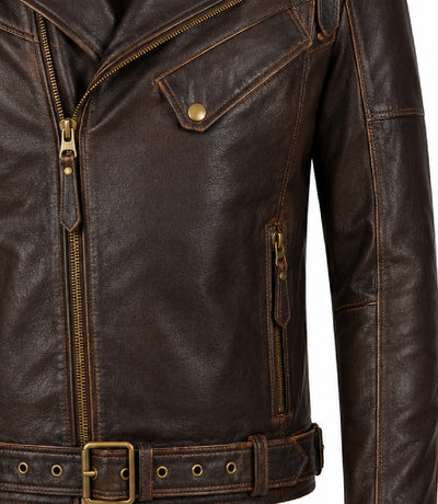 Men's Dark Brown Belted Leather Biker Jacket Closeup  - Jacket Aura