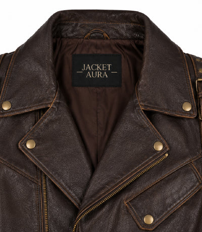Men's Dark Brown Belted Leather Biker Jacket Collar - Jacket Aura
