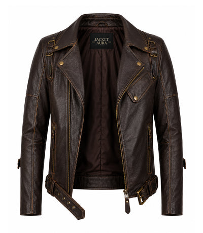 Men's Dark Brown Belted Leather Biker Jacket Front - Jacket Aura