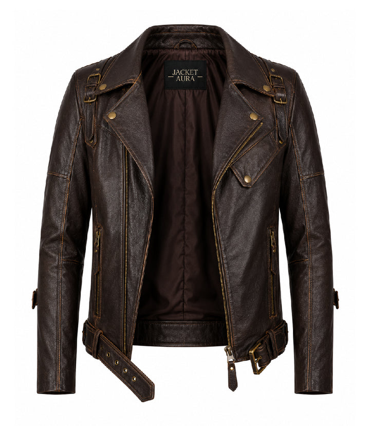 Men's Dark Brown Belted Leather Biker Jacket Front - Jacket Aura