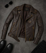 Men's Dark Brown Belted Leather Biker Jacket Front View - Jacket Aura