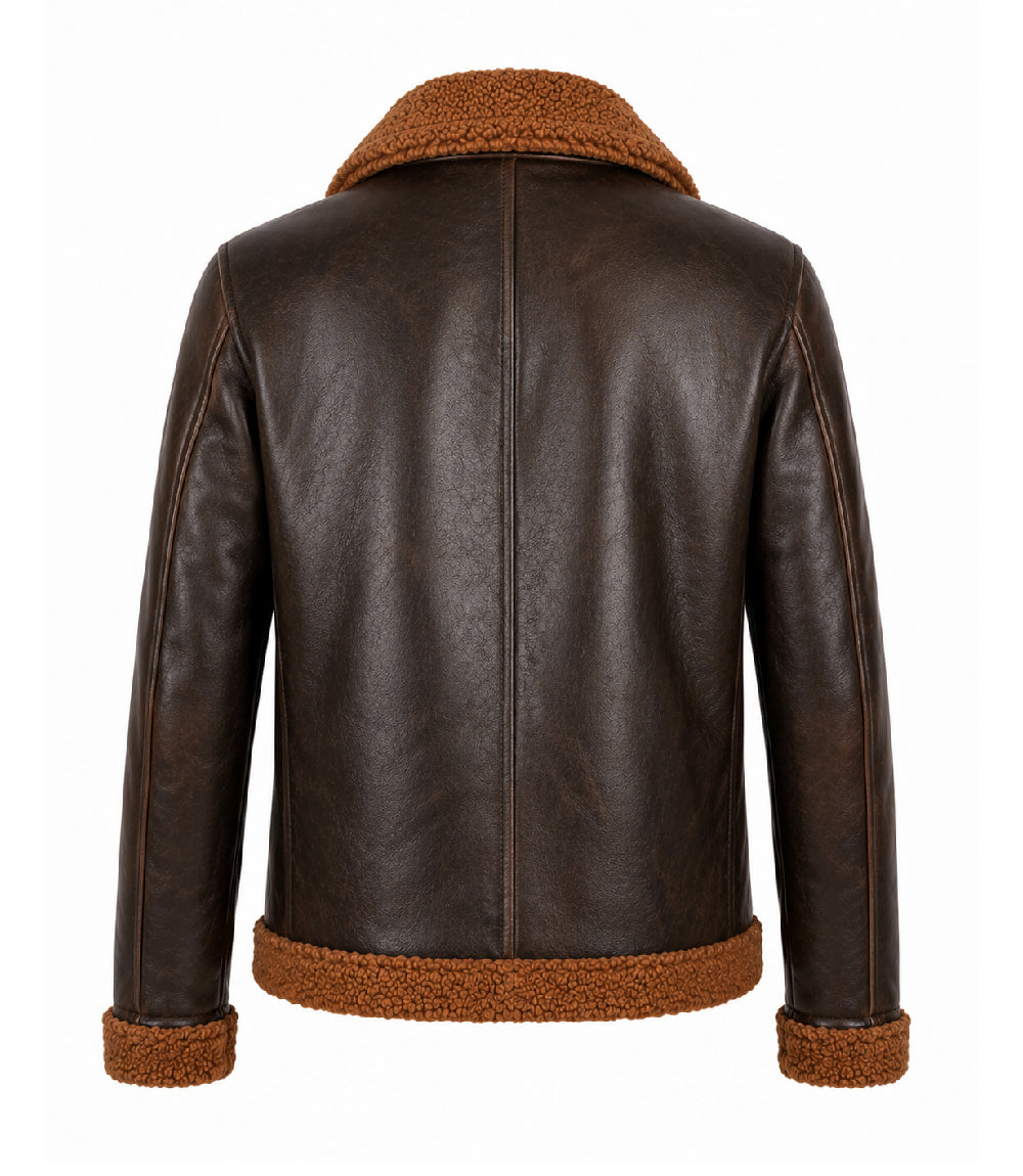 Men's Dark Brown Shearling Leather Jacket Back - Jacket Aura