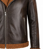 Men's Dark Brown Shearling Leather Jacket Closeup - Jacket Aura