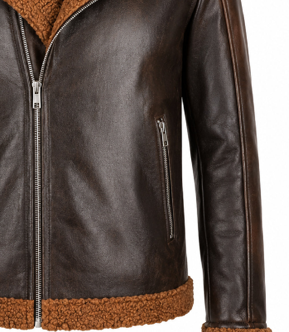 Men's Dark Brown Shearling Leather Jacket Closeup - Jacket Aura