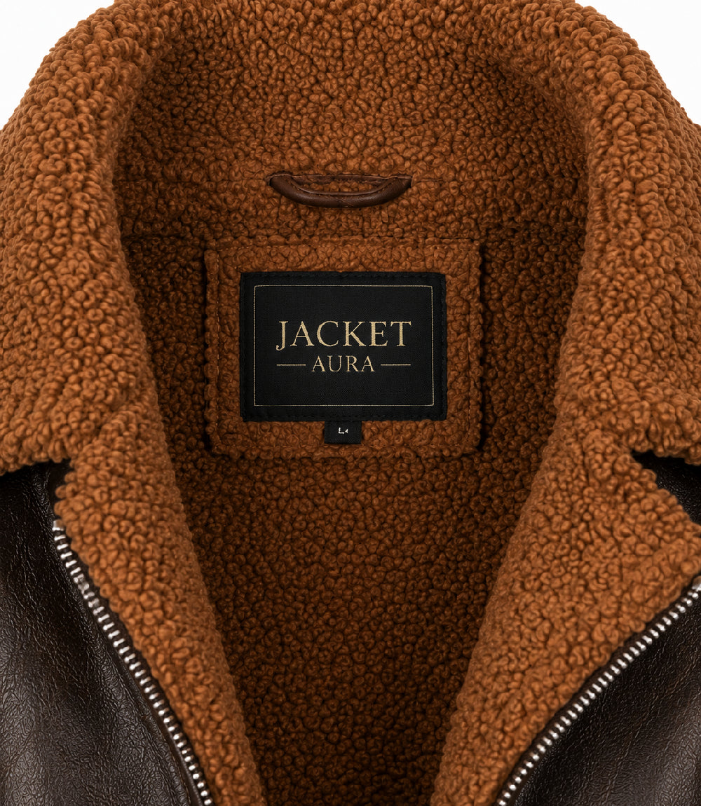 Mens Dark Brown Shearling Leather Jacket Collar - Jacket Aura